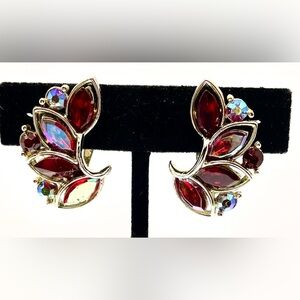 Vintage Signed Lisner Silver Tone Clip On Earrings Red Aurora Borealis Crystals
